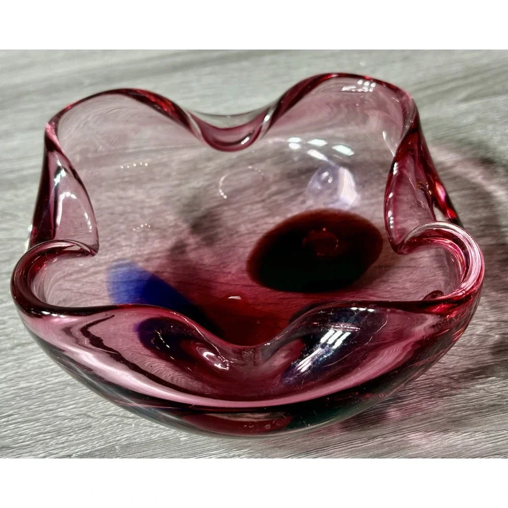 Vintage Mid Century Modern Italian Hand-Blown Cranberry Art Glass Ashtray / Bowl
